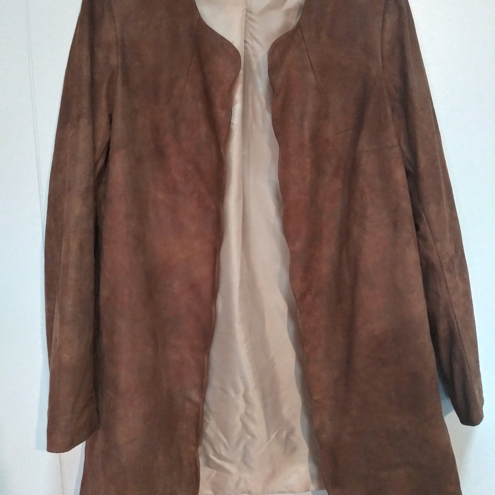 Kelly&Diane Suede Scalloped Edge Open Front Coat